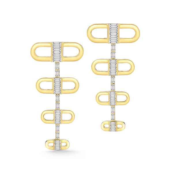 18k yellow gold earrings set with white diamond baguettes.