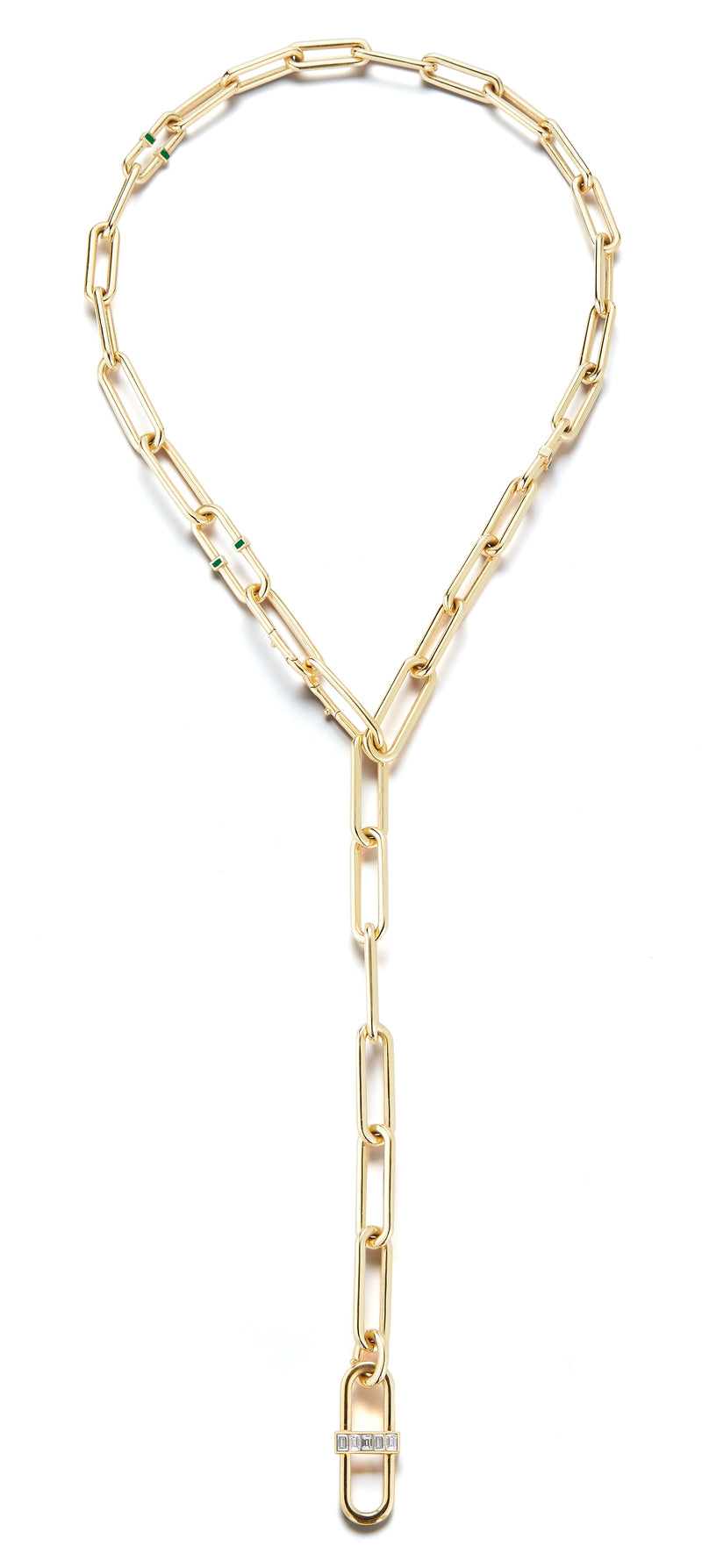 22”, 18K Yellow Gold Interlocking Pill Link Necklace with emeralds, white diamonds, and emerald enamel.