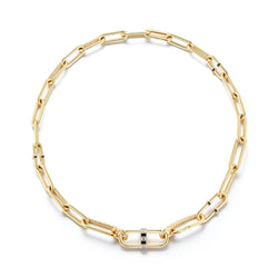 22”, 18K Yellow Gold Interlocking Pill Link Necklace with white diamonds and black enamel.