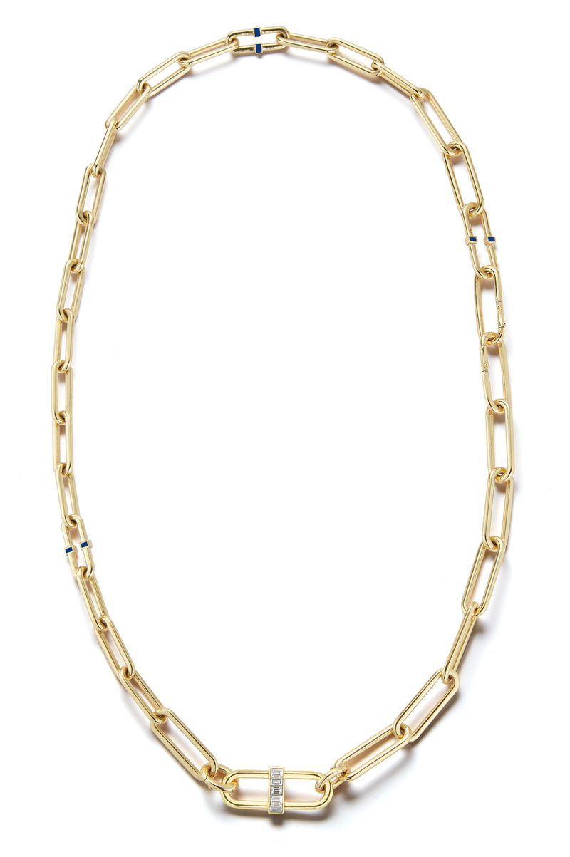 22”, 18K Yellow Gold Interlocking Pill Link Necklace with sapphire, white diamonds, and sapphire enamel.