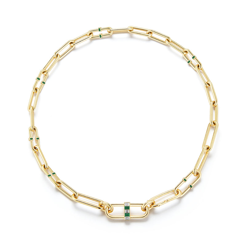 22”, 18K Yellow Gold Interlocking Pill Link Necklace with emeralds, white diamonds, and emerald enamel.