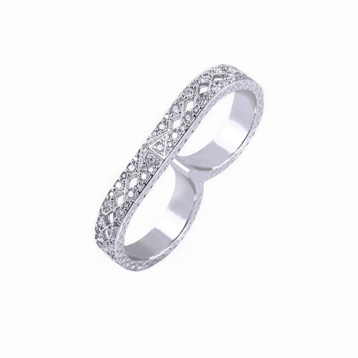 18k white gold double finger ring with grey diamonds.