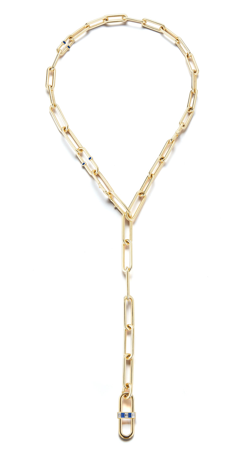 22”, 18K Yellow Gold Interlocking Pill Link Necklace with sapphire, white diamonds, and sapphire enamel.