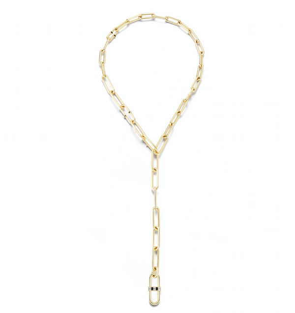 22”, 18K Yellow Gold Interlocking Pill Link Necklace with white diamonds and black enamel.