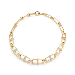 22”, 18K Yellow Gold Interlocking Pill Link Necklace with white diamond baguettes. 