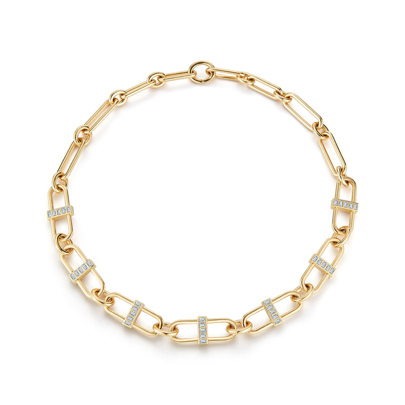 22”, 18K Yellow Gold Interlocking Pill Link Necklace with white diamond baguettes. 