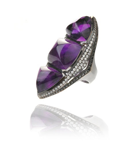 18K oxidized white ring, grey and black diamonds, and amethyst.